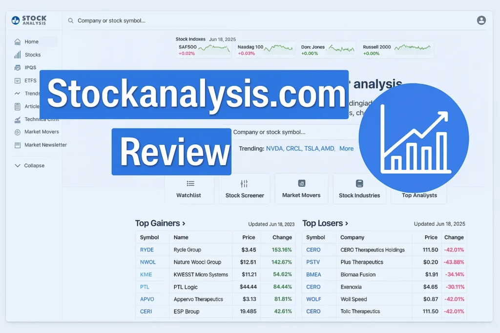 StockAnalysis.com tool review highlighting $5.92/month deal with SAVEONTRADING coupon