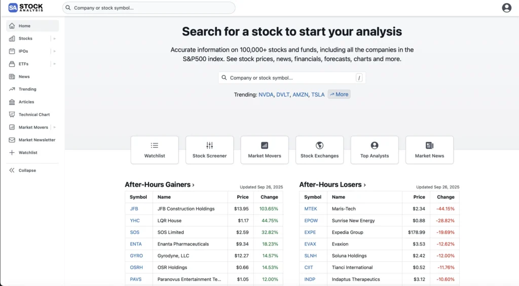 Stock Analysis Pro dashboard screenshot showing advanced stock screener and financial data tools.