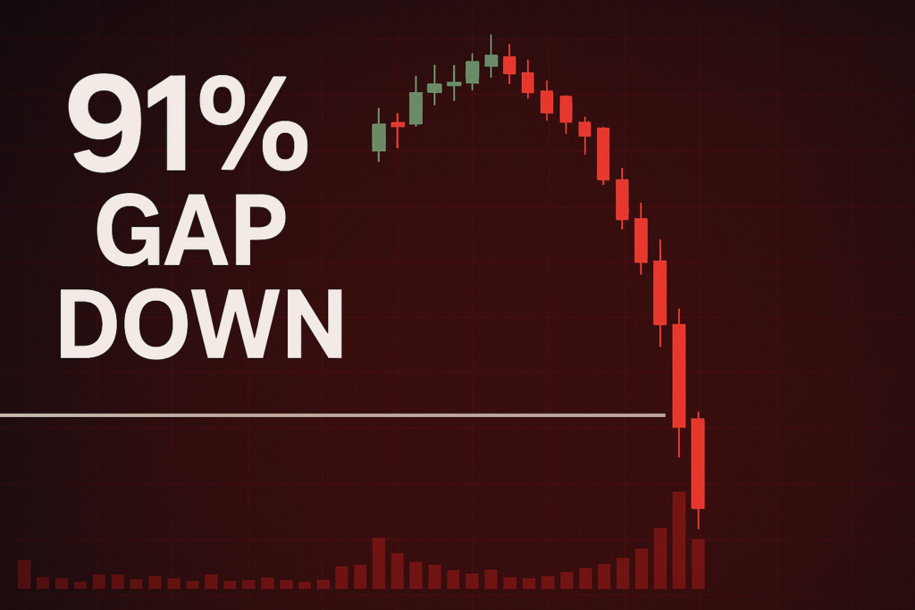 CHOW stock chart showing a 91 percent gap down with a sharp red selloff