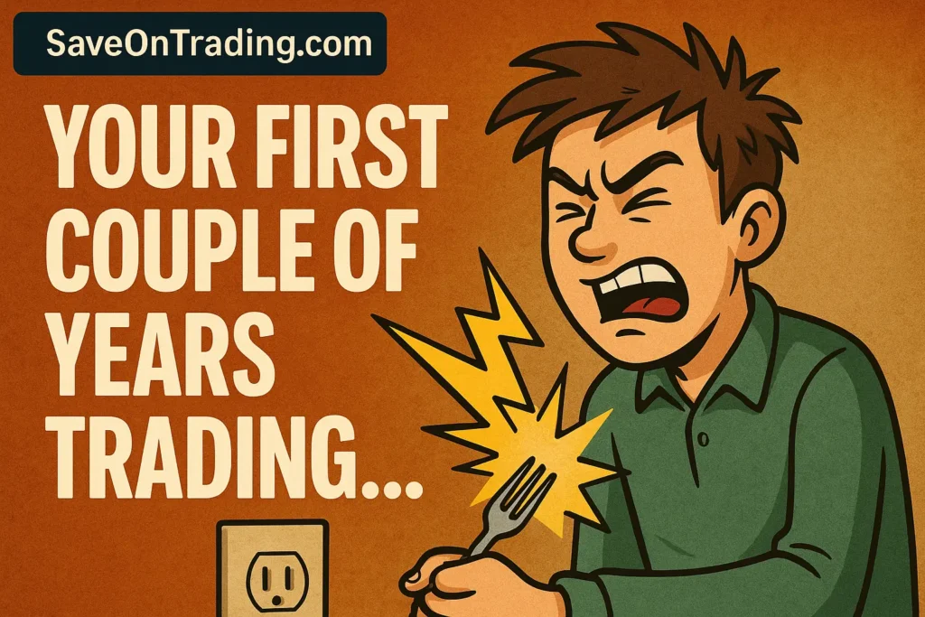 A cartoon trader getting shocked while sticking a fork into an electrical socket, illustrating how new traders learn through painful mistakes.