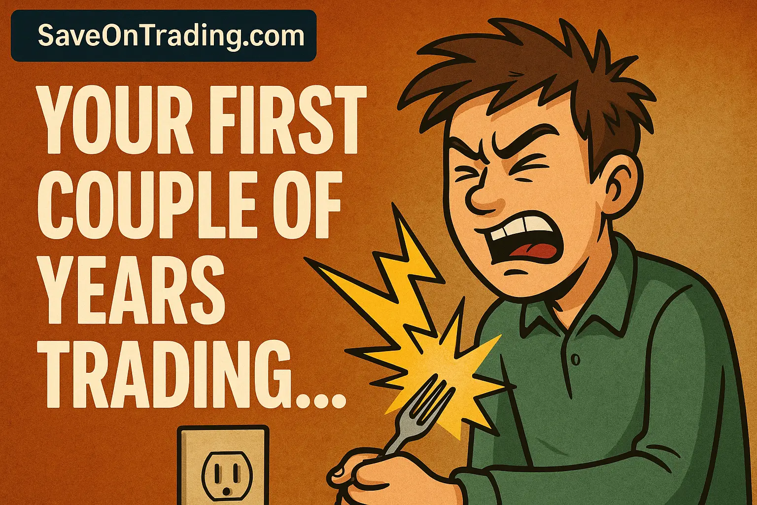 A cartoon trader getting shocked while sticking a fork into an electrical socket, illustrating how new traders learn through painful mistakes.
