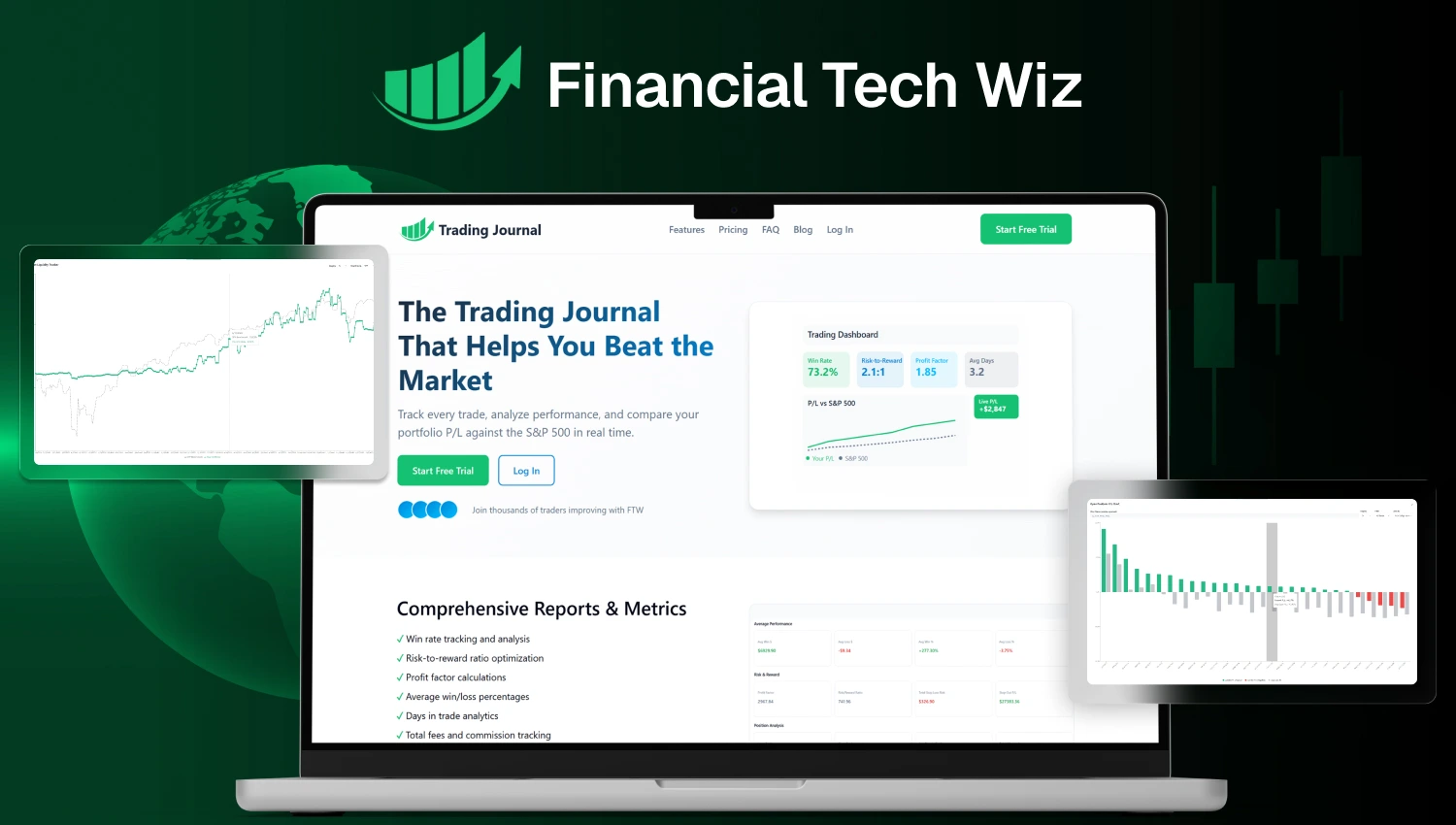 Financial Tech Wiz trading journal dashboard showing trade tracking, performance analytics, and statistics for active traders
