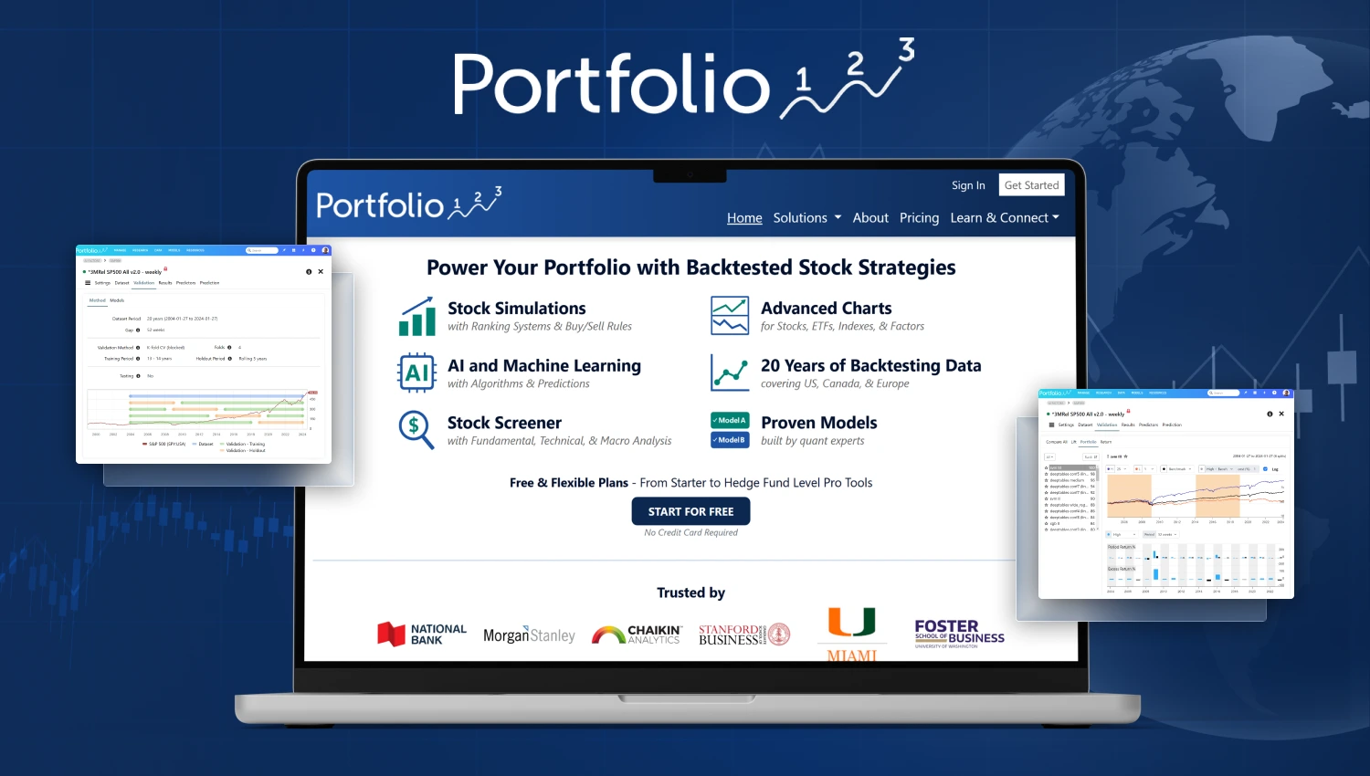 Portfolio123 platform screenshot showcasing stock screening, backtesting, and portfolio tools.
