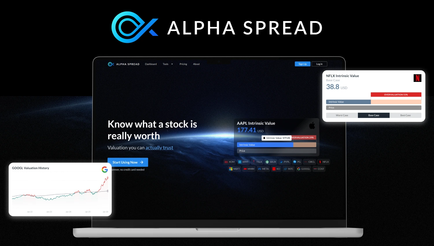AlphaSpread stock valuation and intrinsic value analysis platform with SaveOnTrading discount