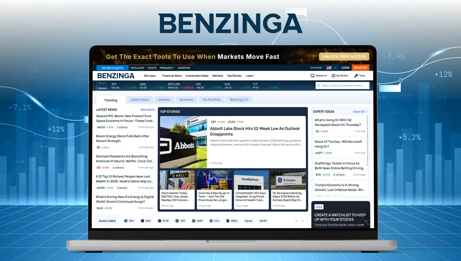 Benzinga Pro trading platform dashboard showing real-time news, alerts, and market data