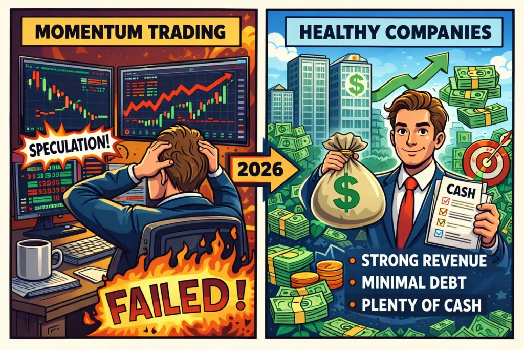 Comic illustration showing a trader shifting from momentum trading failures in 2025 to focusing on healthy, cash rich companies in 2026.
