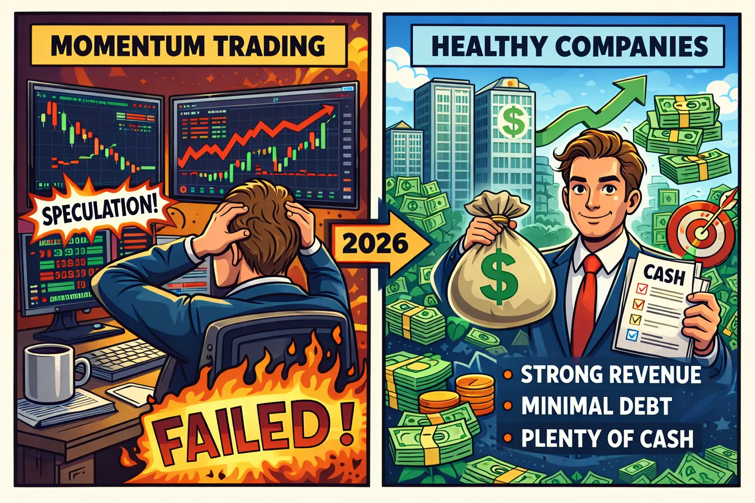 Comic illustration showing a trader shifting from momentum trading failures in 2025 to focusing on healthy, cash rich companies in 2026.