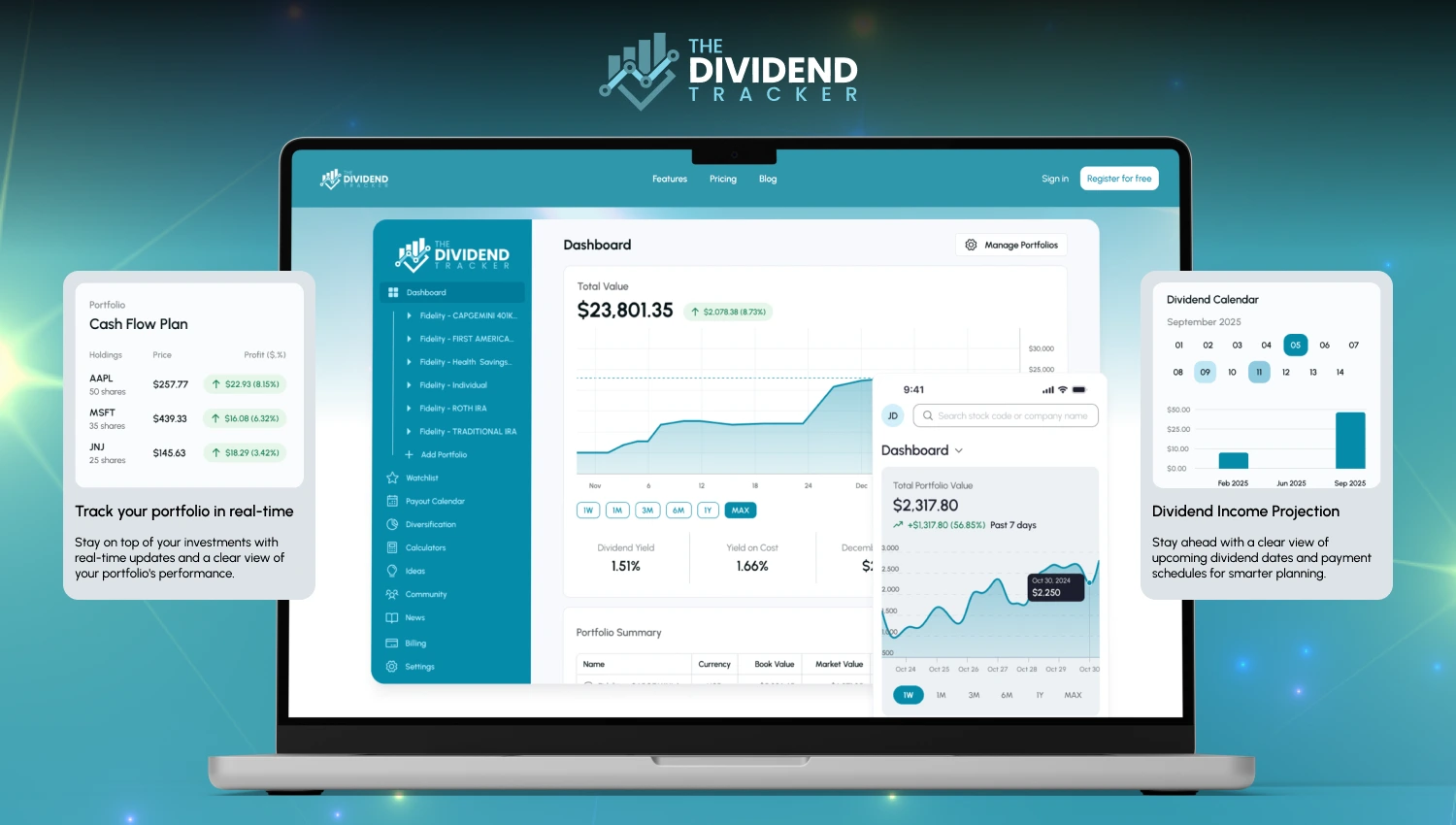 The Dividend Tracker dashboard showing dividend income, portfolio performance, and payout history