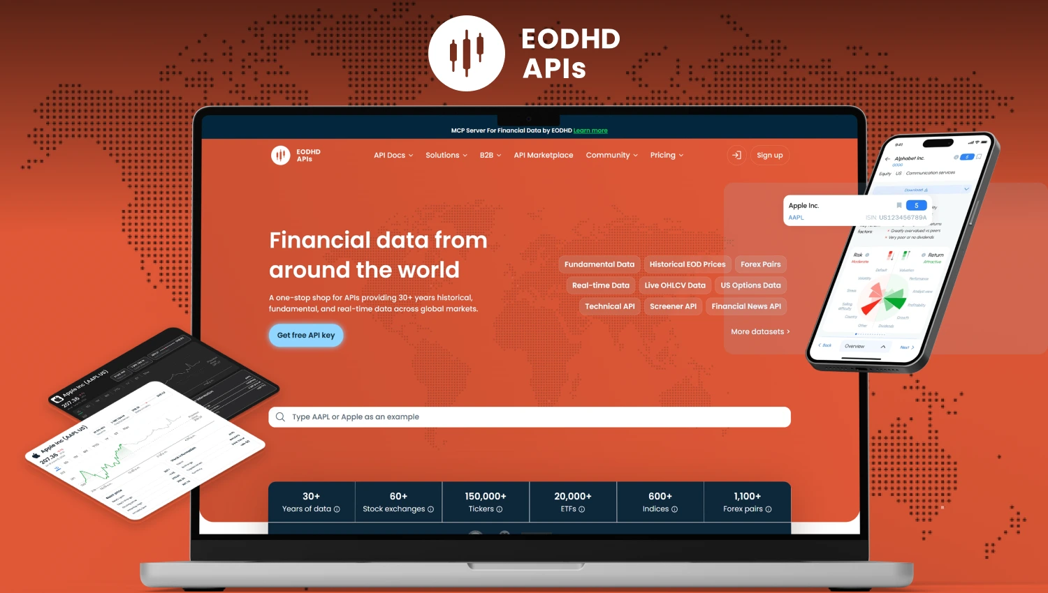 EODHD financial data platform dashboard showing historical market data and APIs