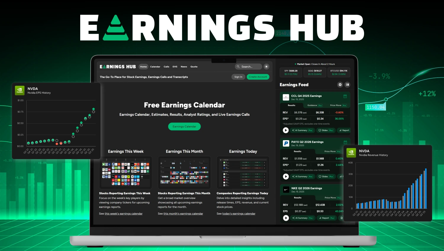 Earnings Hub dashboard showing upcoming earnings, calendar view, and stock performance tools