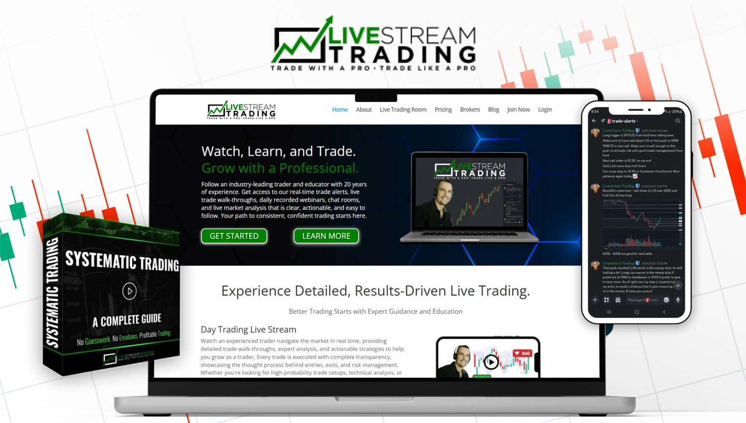 LiveStream Trading platform dashboard showing real-time stock charts, trade alerts, and professional trading tools