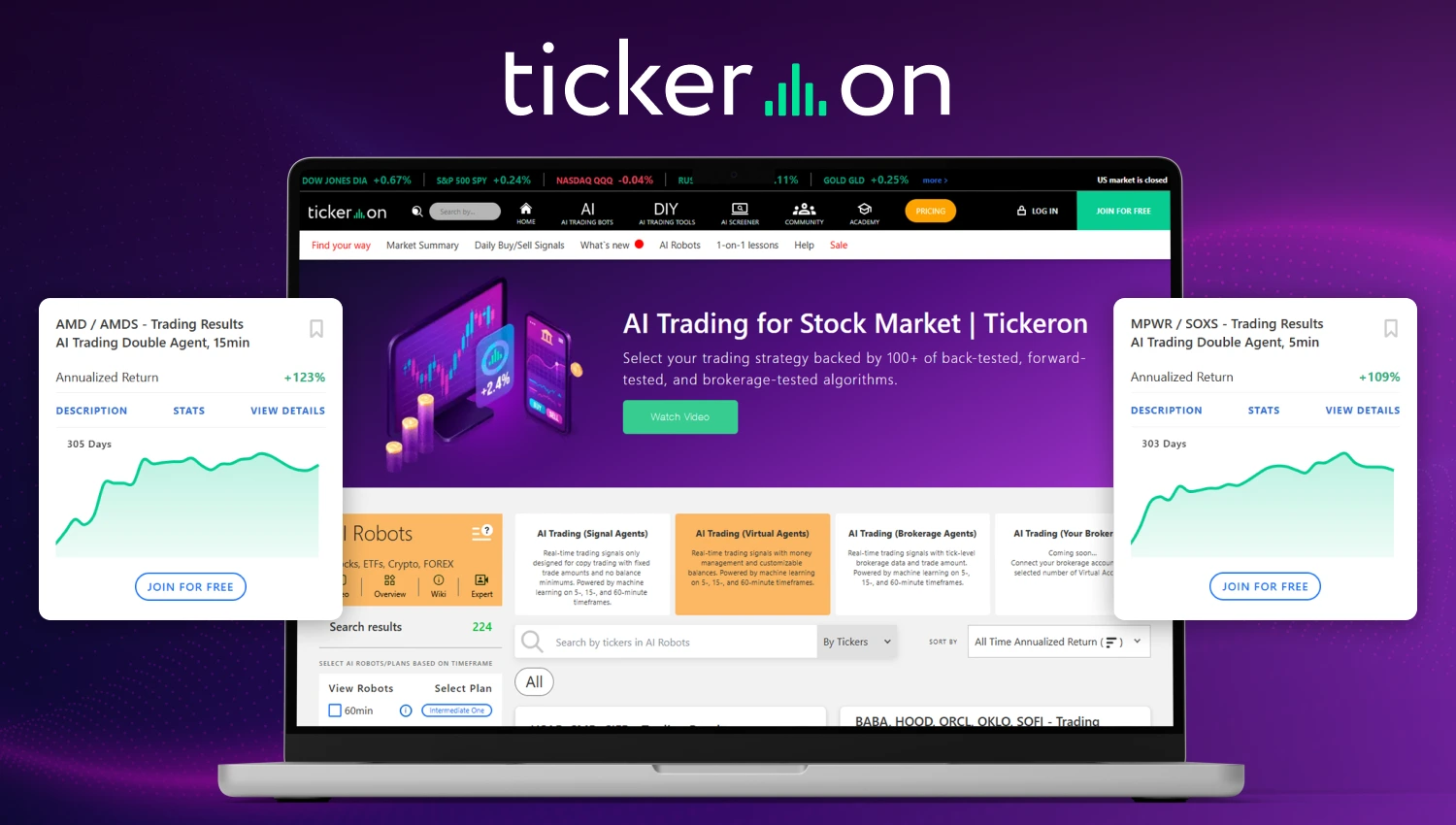 Tickeron AI trading platform dashboard showing stock forecasts, pattern recognition, and expert trading tools