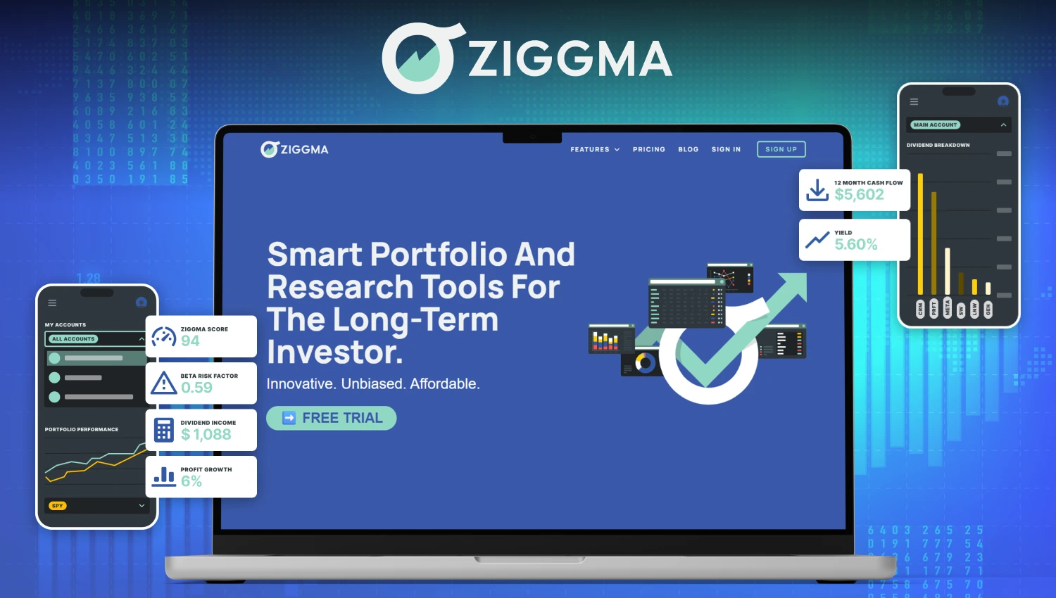 Ziggma investment research dashboard showing smart portfolio analytics, stock insights, and AI-powered tools for investors
