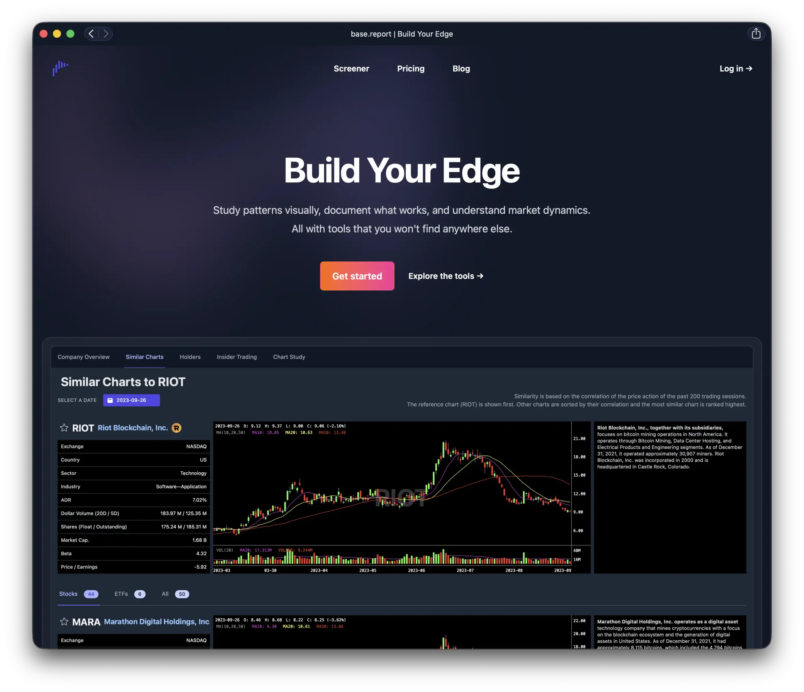 base.report trading platform dashboard used by the founder to build a theme-based market analysis workflow