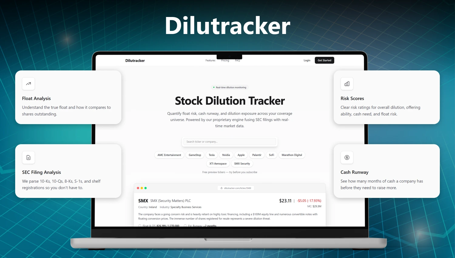 Dilut Tracker dashboard showing stock dilute events, share issuance data, and dilution risk alerts for traders