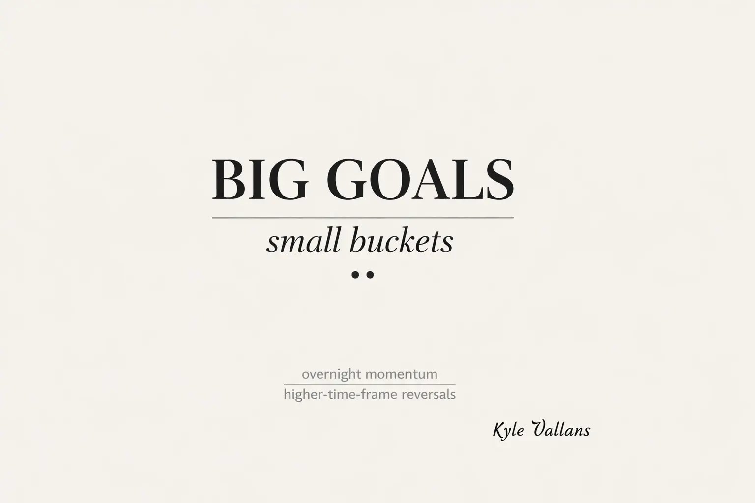 Minimalist trading blog thumbnail reading “Big Goals, Small Buckets” about overnight momentum and higher time frame reversals