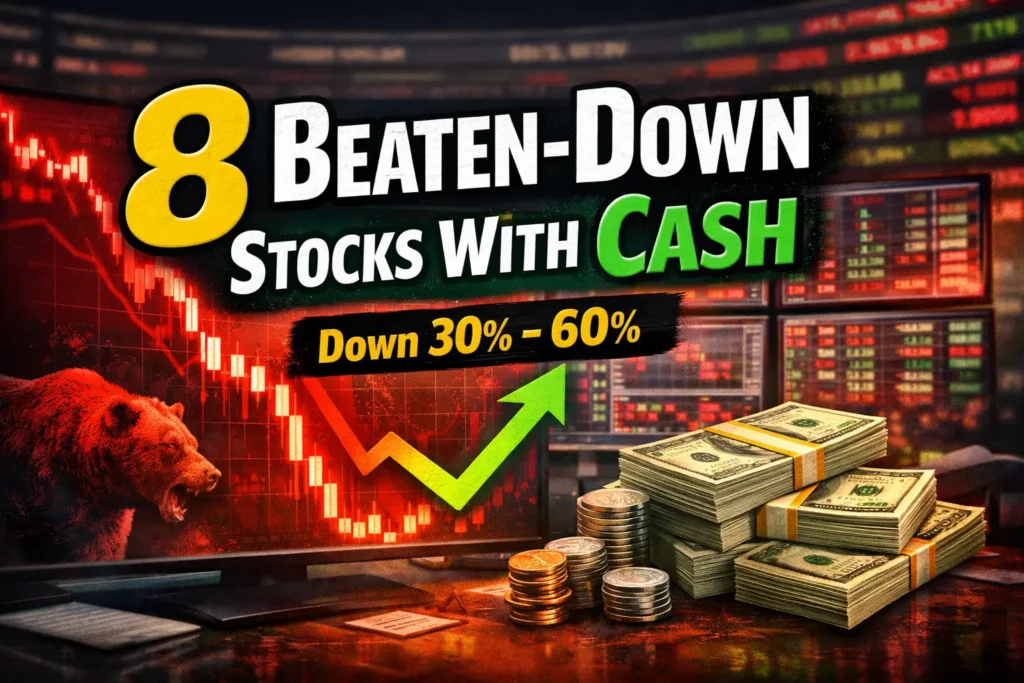 Thumbnail showing “8 Beaten-Down Stocks With Cash” with a red stock market decline chart, green recovery arrow, and stacks of cash representing undervalued opportunities.