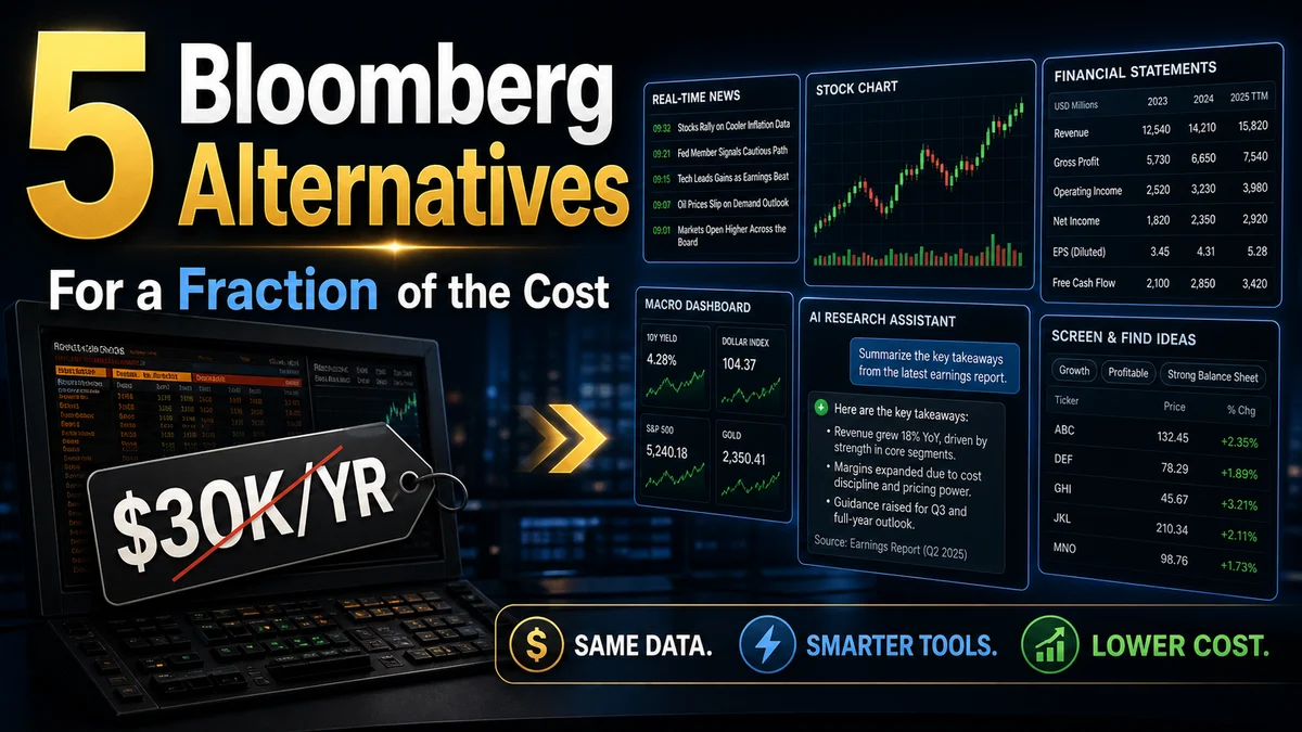 Thumbnail for a blog post about five Bloomberg Terminal alternatives, showing a crossed-out $30K per year price tag and financial research dashboards.